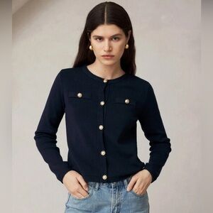 Elegant Navy Sweater with Ribbed Hem and gold buttons New SZ L ✨✨🔥🔥